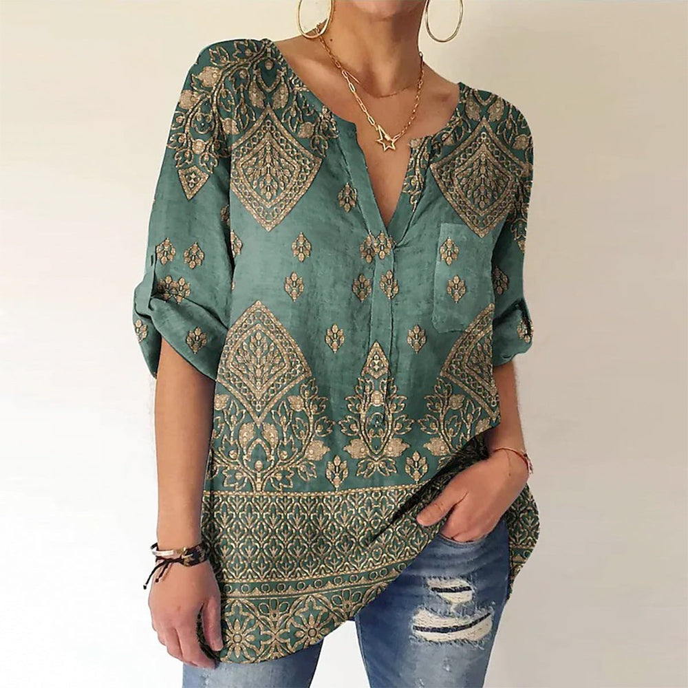 Emerald Sage Green Luxe Print Tunic Blouse Top