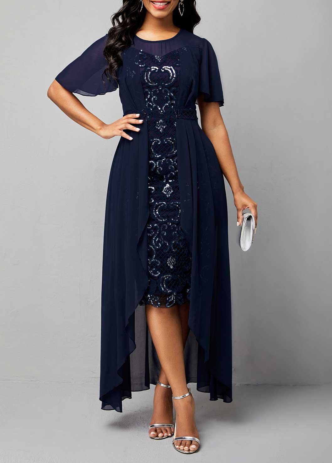 Sequin Chiffon Embroidered Round Neck Dress