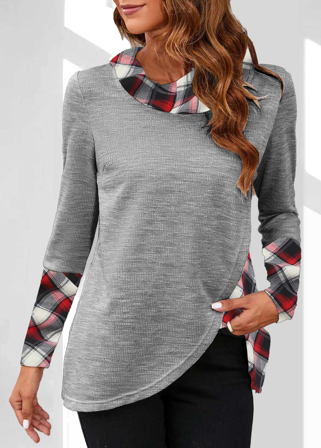 Plaid Cowl Neck Grey Long Sleeve Sweatshirt