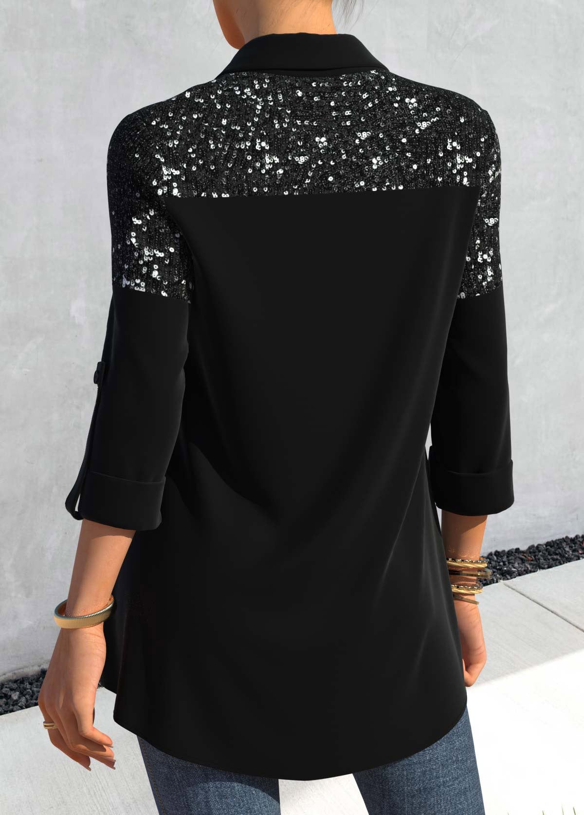 Black Sequin Shirt Collar Roll Tab Sleeve Blouse