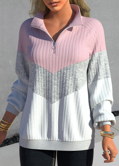 Zipper Pink Contrast Long Sleeve Sweatshirt