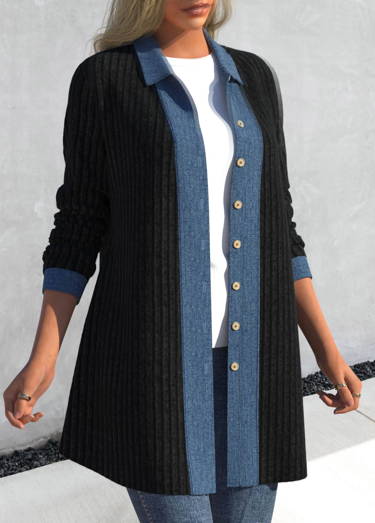 Black Patchwork Long Sleeve Shirt Collar Coat