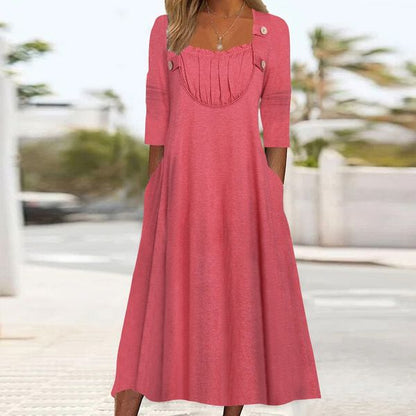 Long Sleeve Square Collar Solid Color Midi Dress