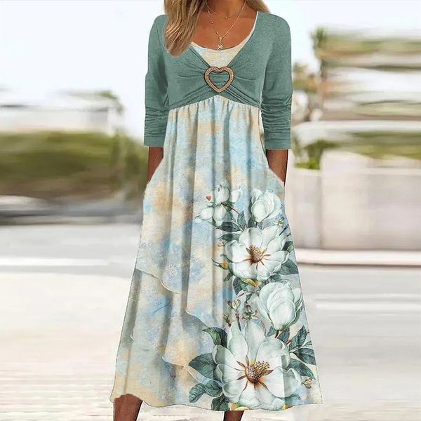 Trendy Floral Print Long Sleeve Midi Dress