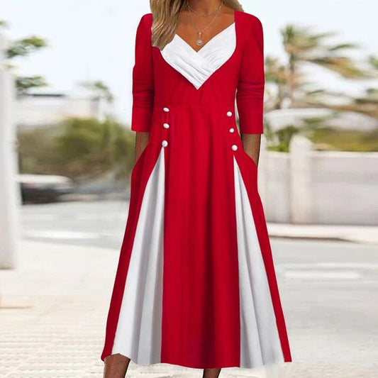 Red V-neck Button Design Midi Dress
