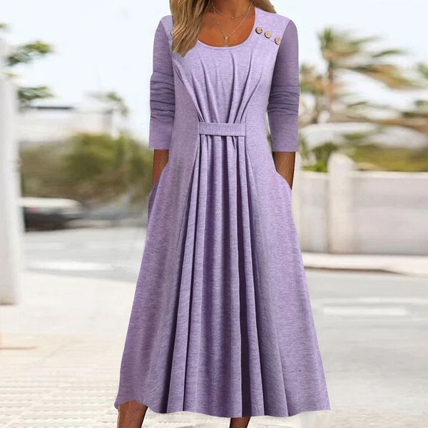 Light Purple Crew Neck Pleated Design Midi Dress