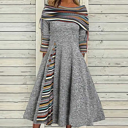Guatemalan Print Gray Boatneck Midi Dress