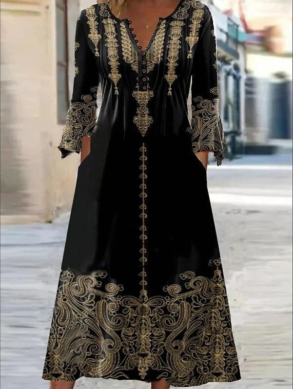 Black Long Sleeve Print Midi A Line Dress