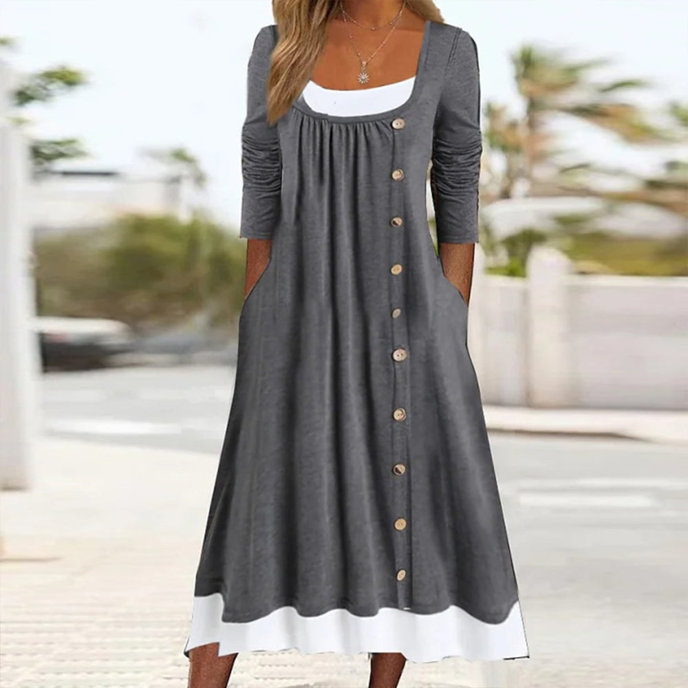 Grey Patchwork Long Sleeve Midi Dress