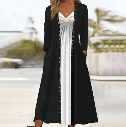 Comfy Black V-neck Fake 2in1 Midi Dress