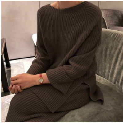 Knitted Plain Slit Sweater Set