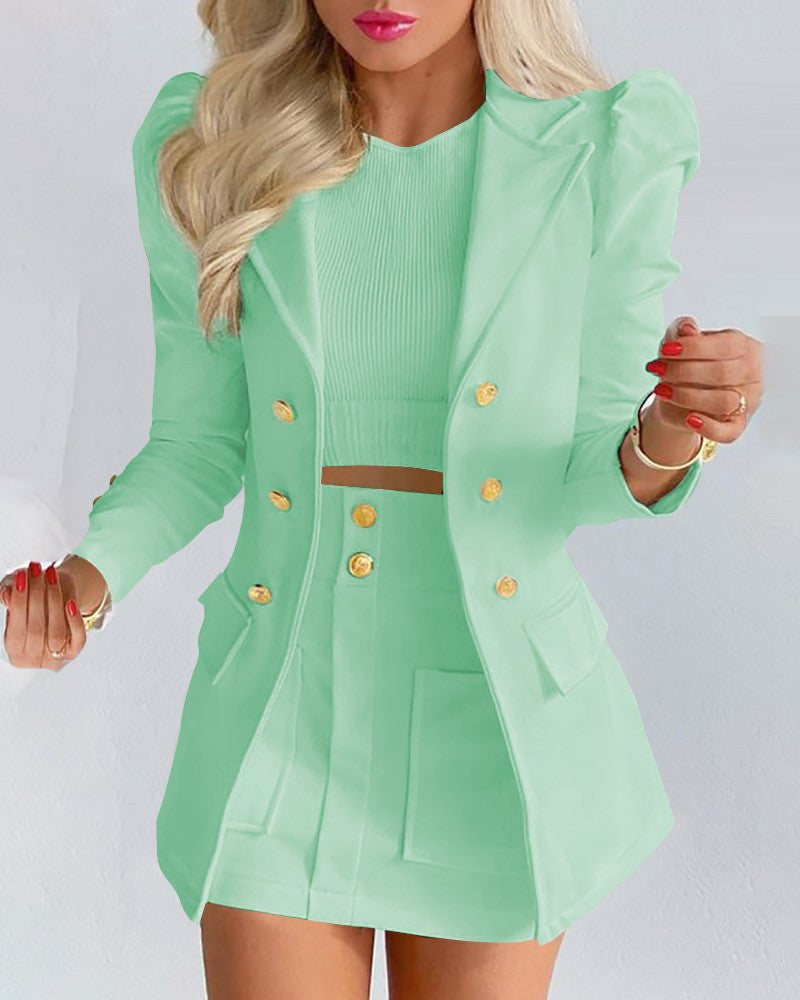 Long Sleeve Solid Color Top With Mini Skirt Two-piece Suit