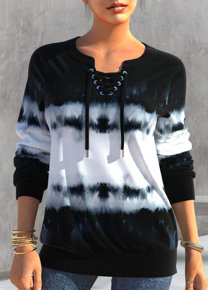 Black Split Neck Tie Dye Print Sweatshirt