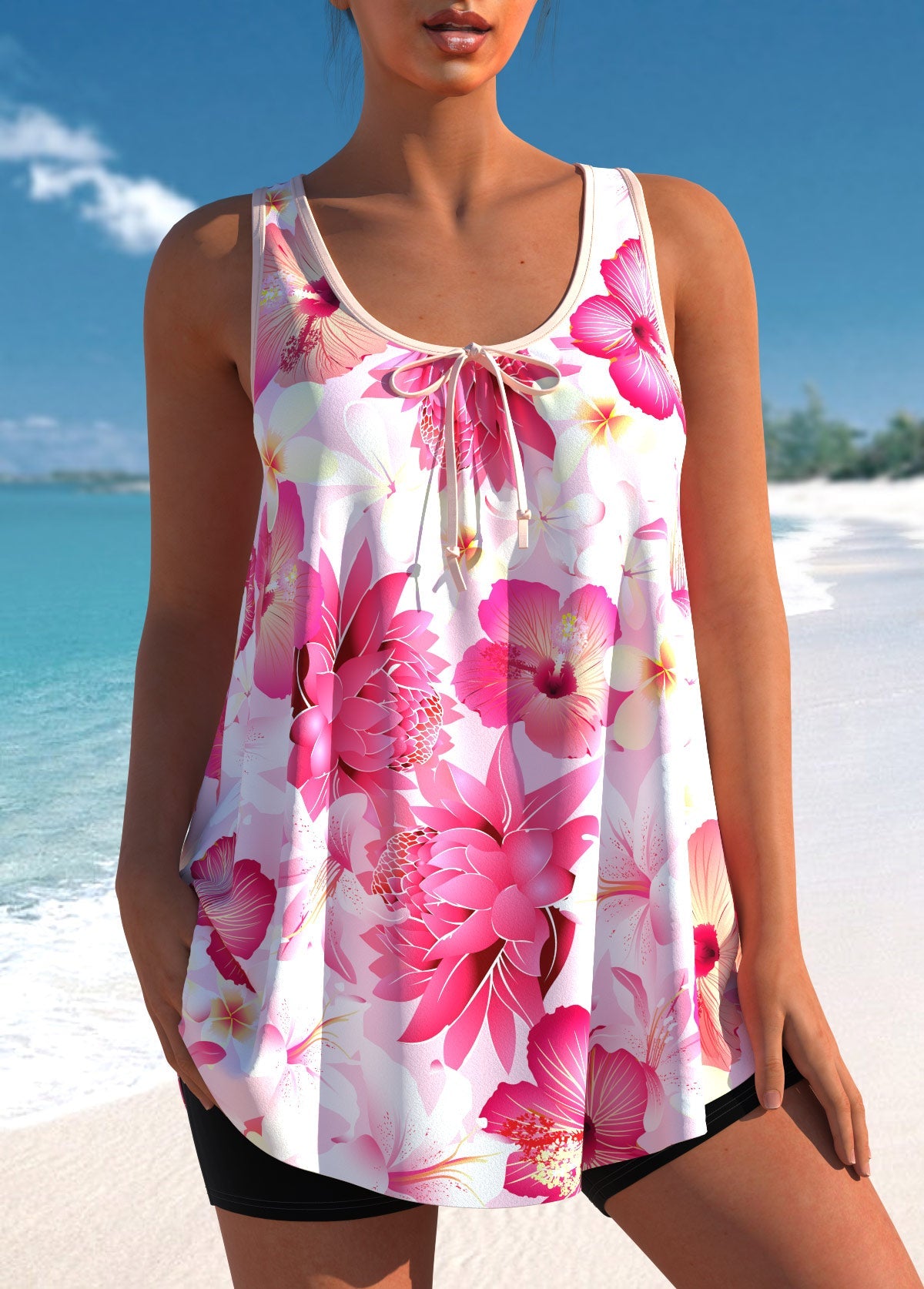 Pink Floral Print Wide Strap Tankini Top