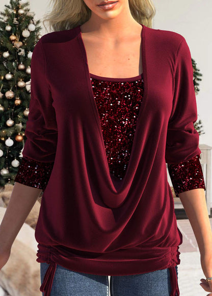 Sequin Wine Red Square Neck T Shirt