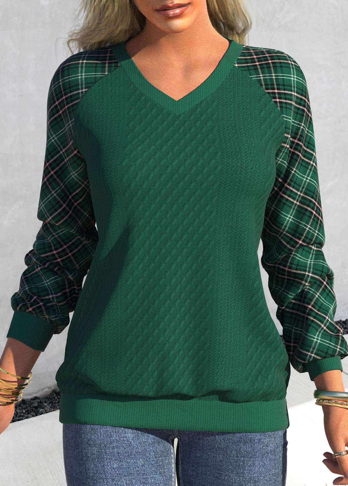 Tartan Print Blackish Green V Neck Sweatshirt