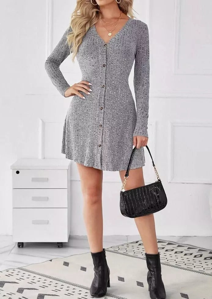 Button Long Sleeve V-Neck Mini Dress