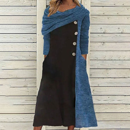 Blue Black 3/4 Sleeve A Line Midi Dress