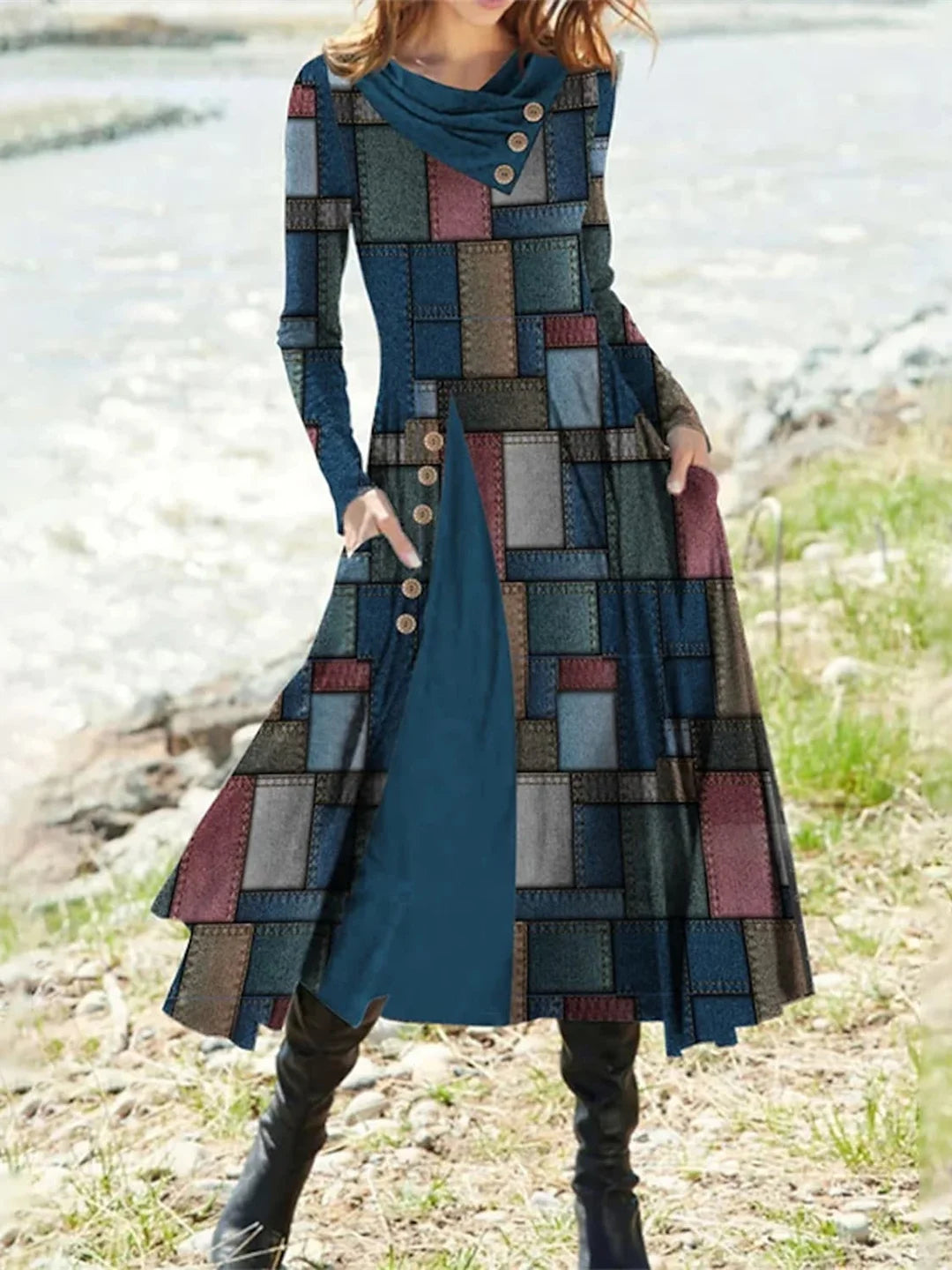 V-neck Blue Graphic Stitching Midi Dress