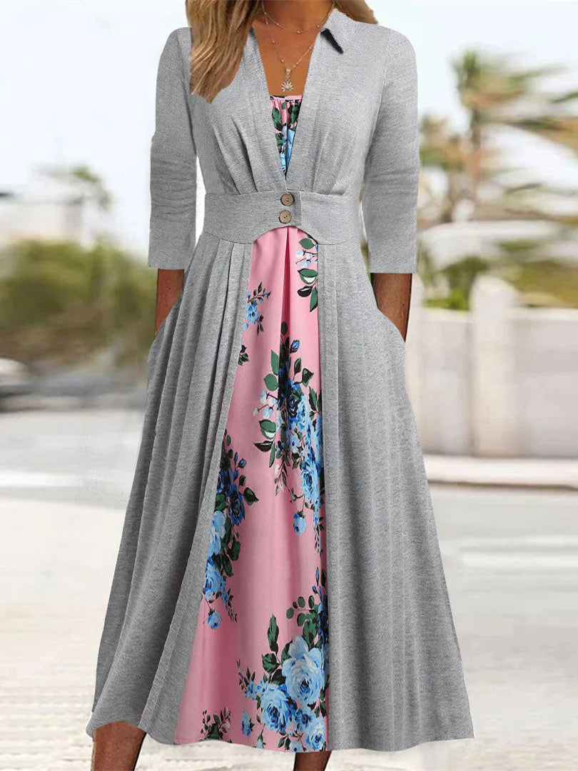 Long Sleeve V-neck Floral Printed Midi Dress