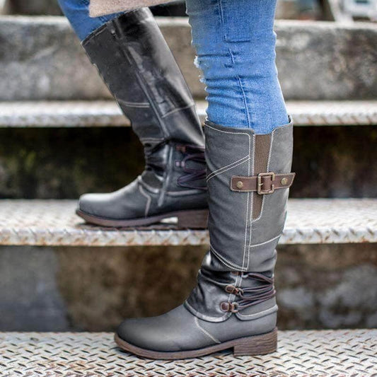 Women’s Vintage Leather Zipper High-top Wide Calf Boots