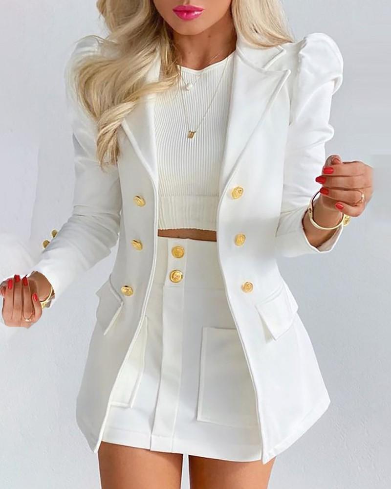 Long Sleeve Solid Color Top With Mini Skirt Two-piece Suit