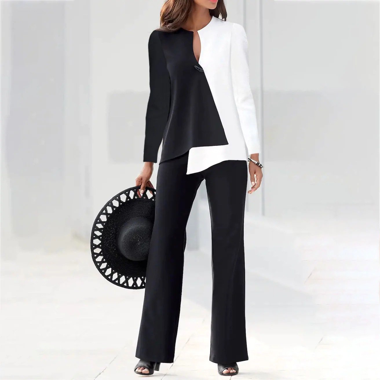 Elegant Long Sleeve Color Block Suit
