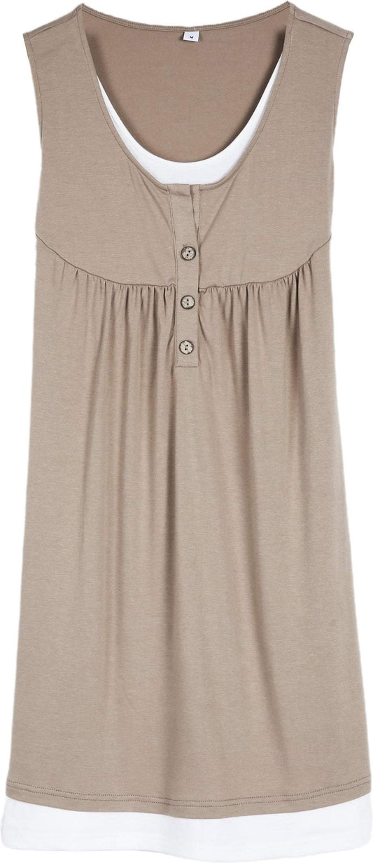 Khaki Sleeveless Button Front Smocked Twofer Mini Dress