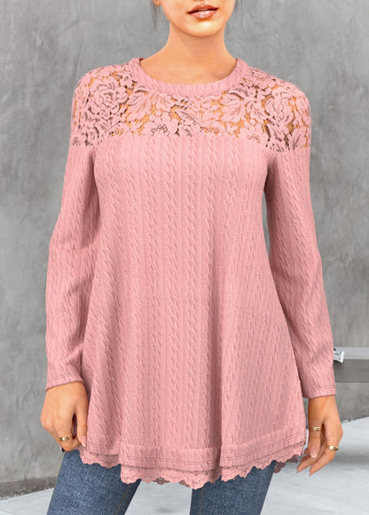 Lace Patchwork Dusty Pink Round Neck T Shirt