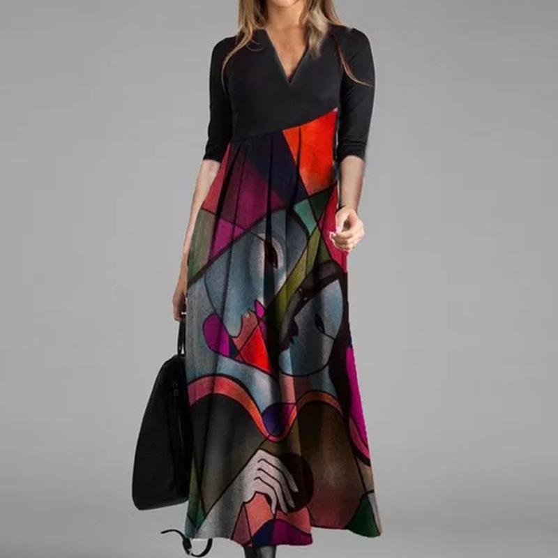 V Neck Elegant Print Maxi Dress