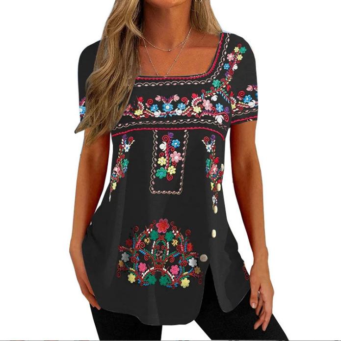 Ethnic Button Short Sleeve Top