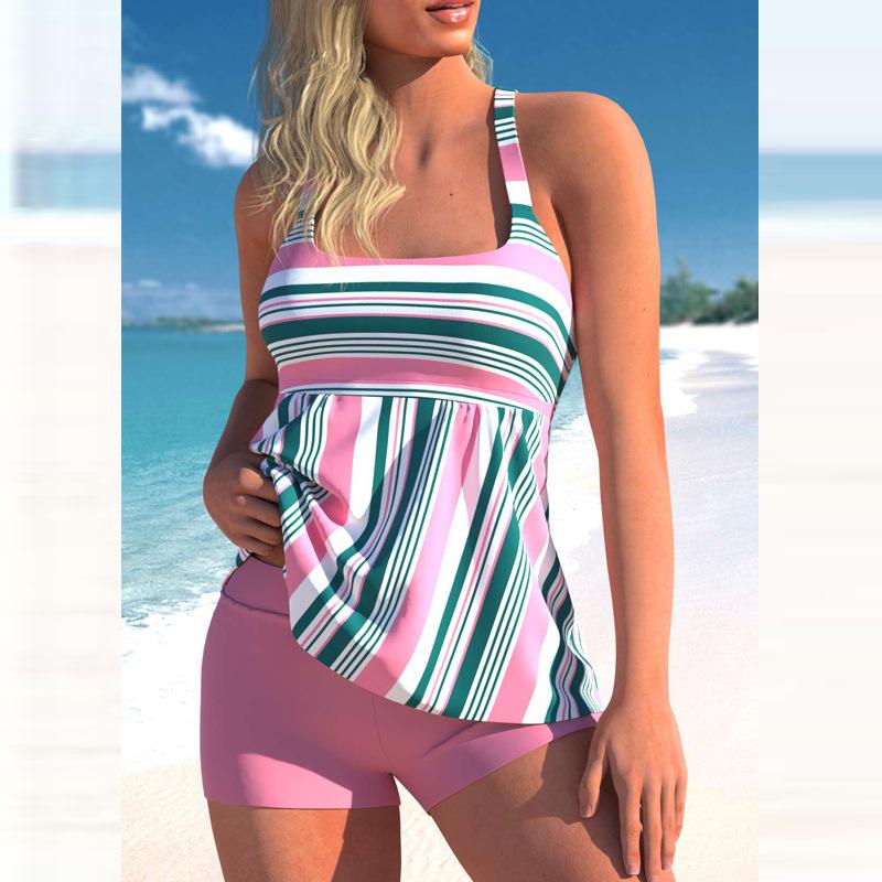 Pink Green Striped Print Swimsuit Tankini Set