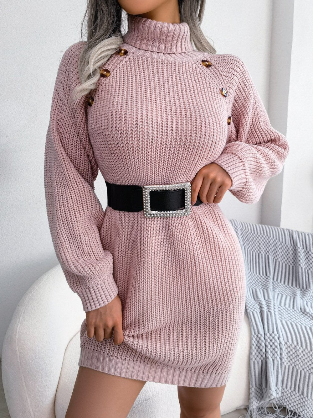 Casual Buttons High Collar Sweater Dress