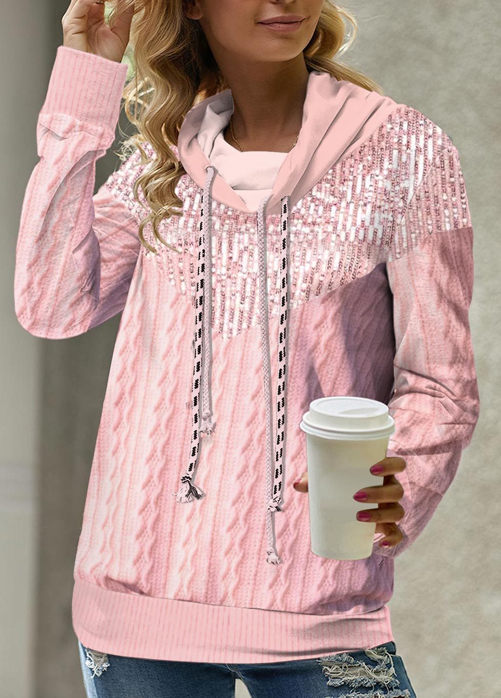 Pink Cowl Neck Long Sleeve Sweatshirt