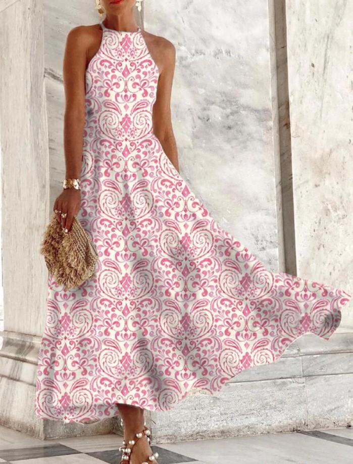 Pink Print Sleeveless Sling Long Swing Dress