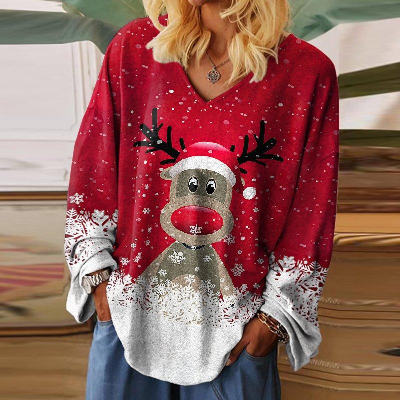 Christmas Elk Print 3D V-neck Loose T-Shirt