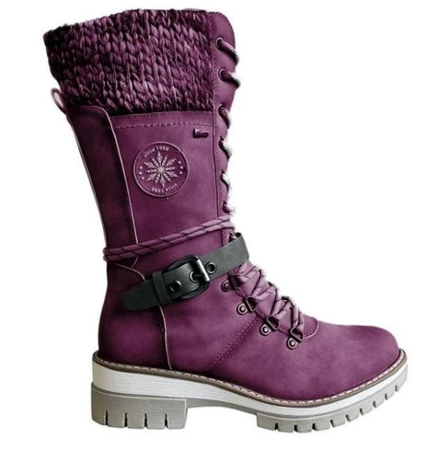 Women's Buckle Lace Knitted Mid-calf Boots