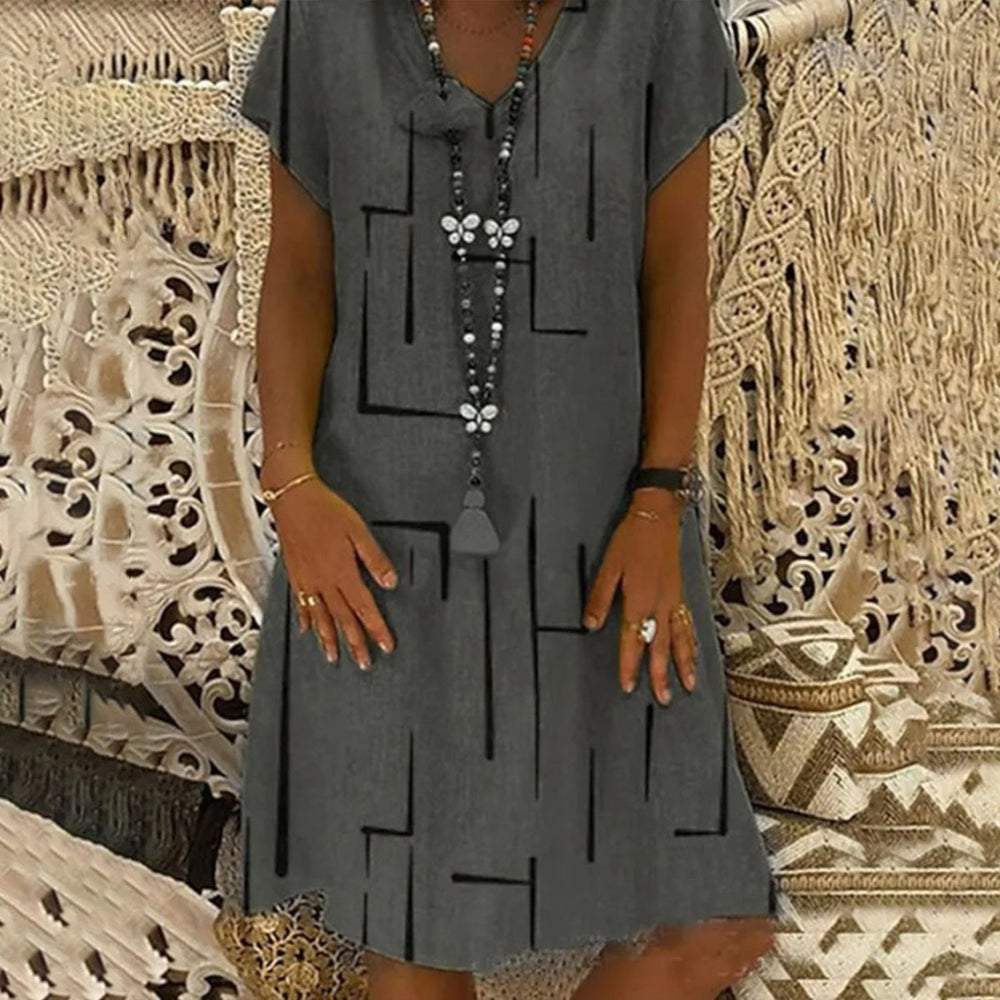 Gray Short Sleeve Black Stick Print Mini Dress