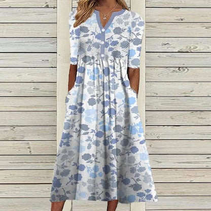Blue Short Sleeve Floral Print Dress