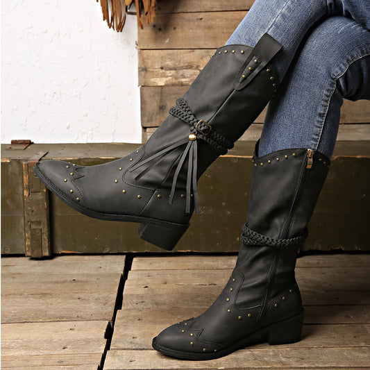 Women's Retro Rivet Fashion Tassel Mid-Calf Boots