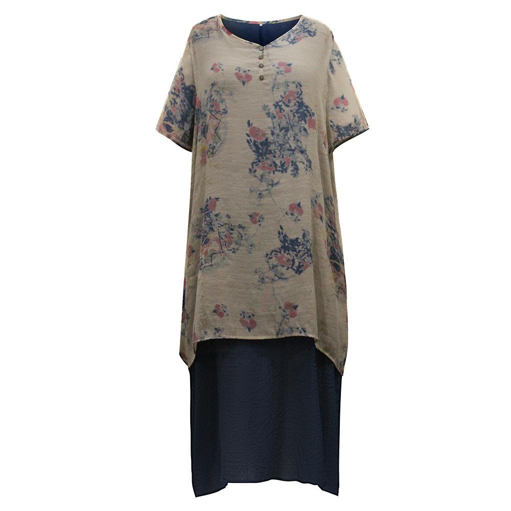 Round Neck Pullover Fake Two-piece Cotton and Linen Dress