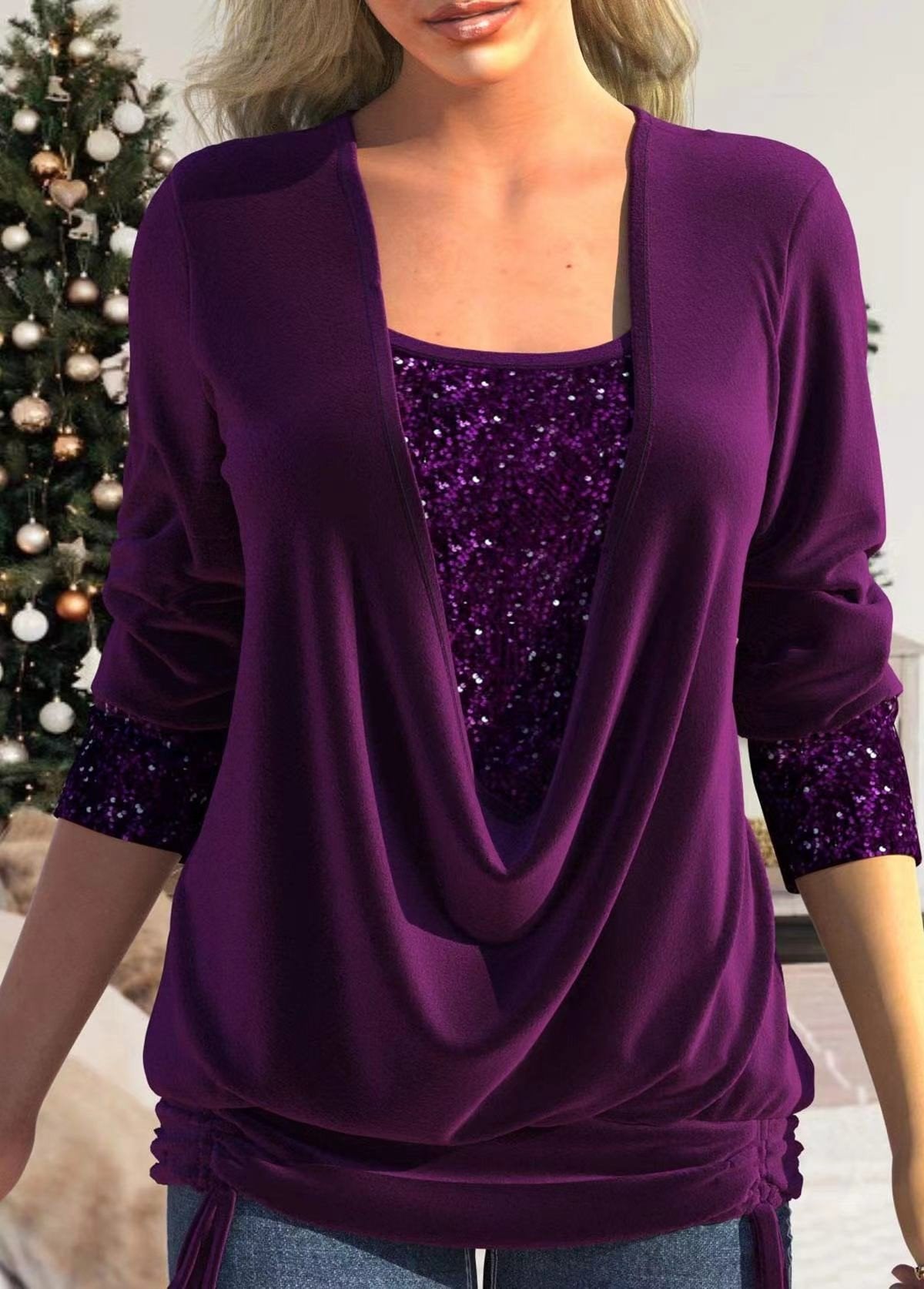 Sequins V-Neck Graphic Stitching Top