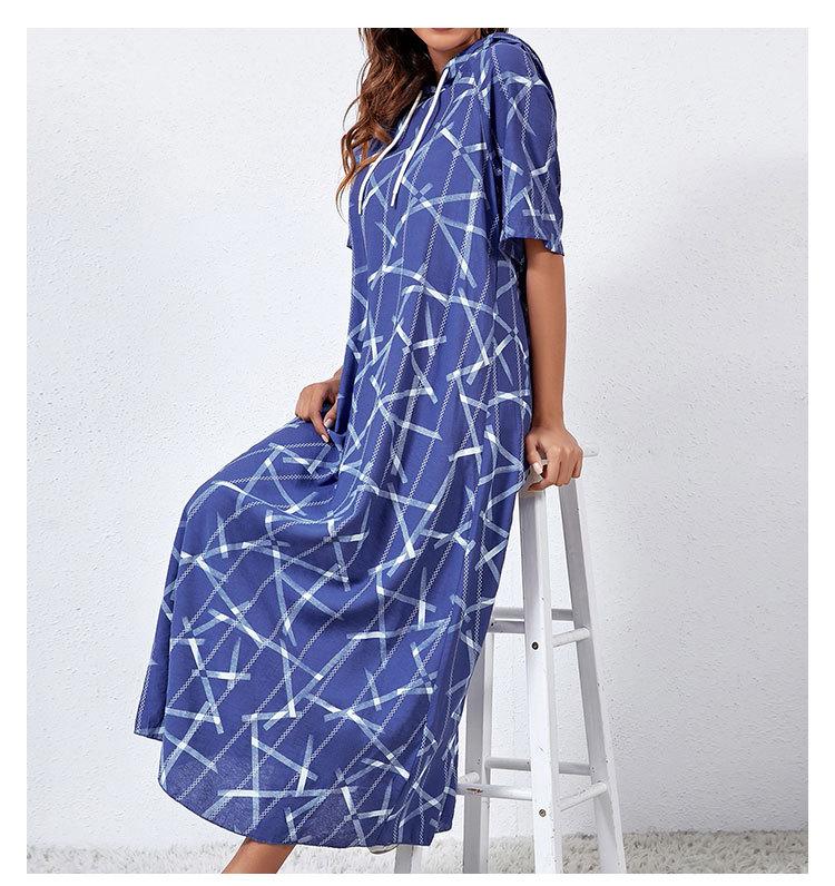 Baggy Short Sleeve Print Maxi Hooded Dress