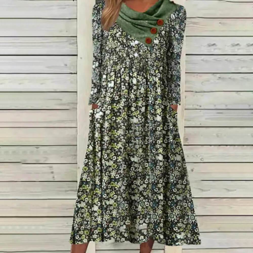 Overlap Neck Green Print Midi Dress