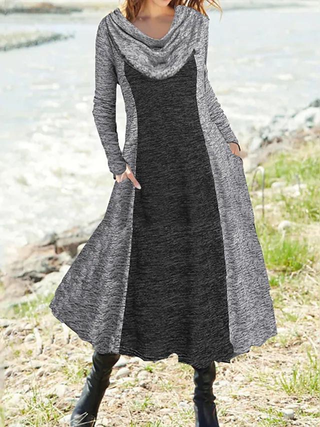 Stylish Gray Print V Neck Patchwork Midi Dress