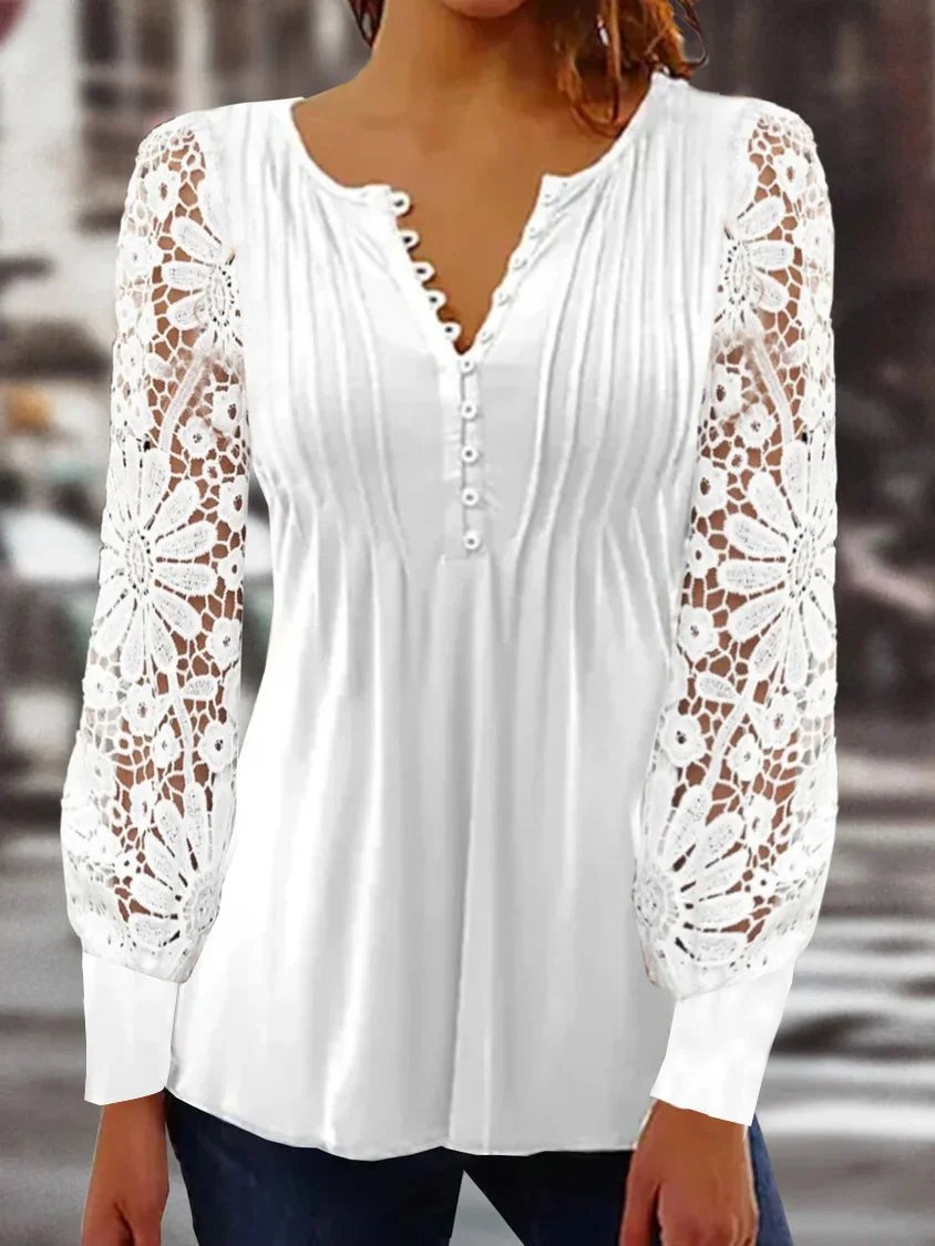 Women Long Sleeve V-neck Floral Lace Top