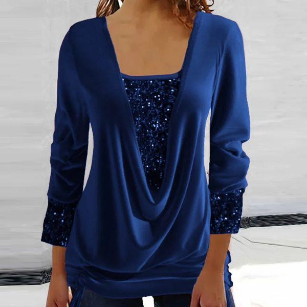 Sequins V-Neck Graphic Stitching Top