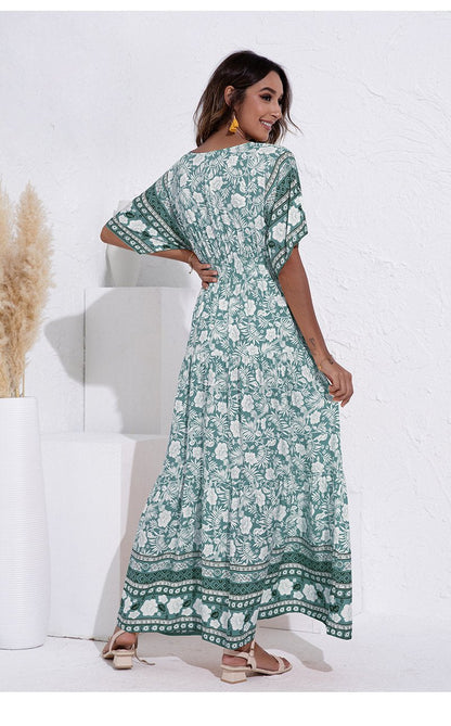 V Neck Trendy Floral Print Maxi Dress