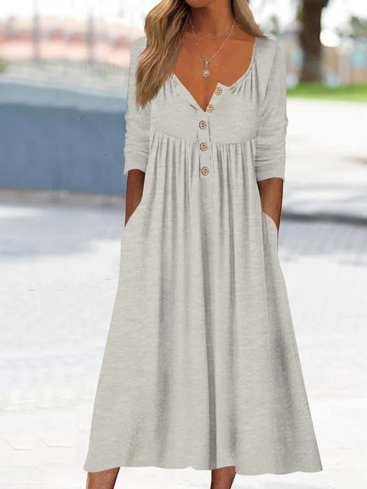 Casual Button Solid Long Sleeve Midi Dress