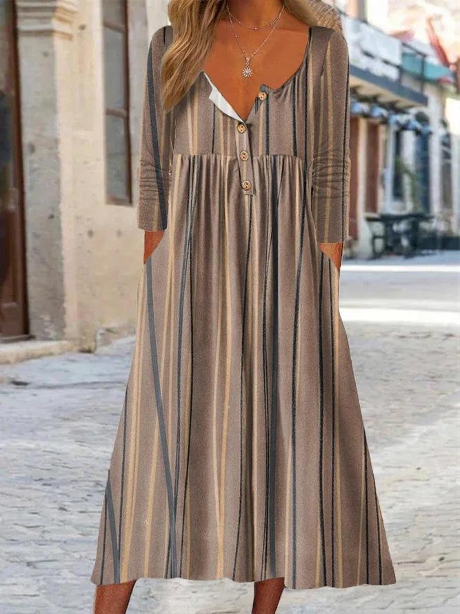 Brown Stripe Print V Neck Button Long Sleeve Dress
